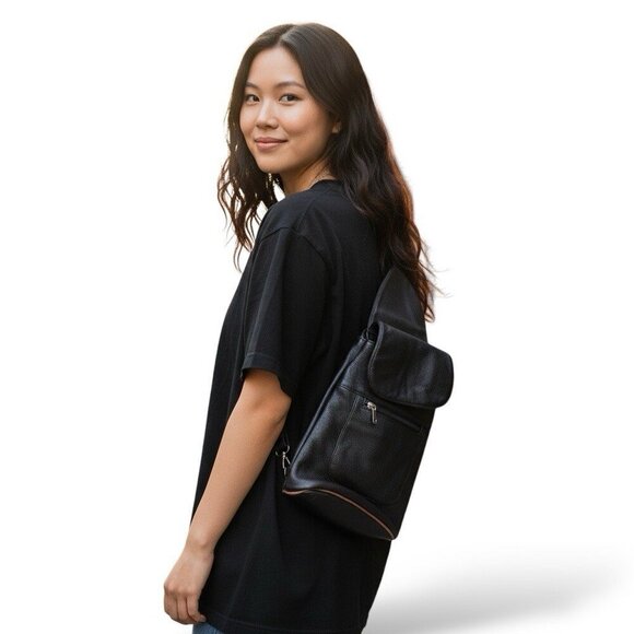 Genuine Leather Cross Body Satchel/ Backpack Black And Brown - Picture 1 of 9